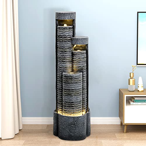 Naturefalls Modern Indoor Outdoor Garden Fountains - 39.5” H 3-Columnar Ripple Outdoor Freestanding Fountains With Led Lights, Cascading Tower Floor-Standing Fountains For House, Office, Garden, Patio #TOP2