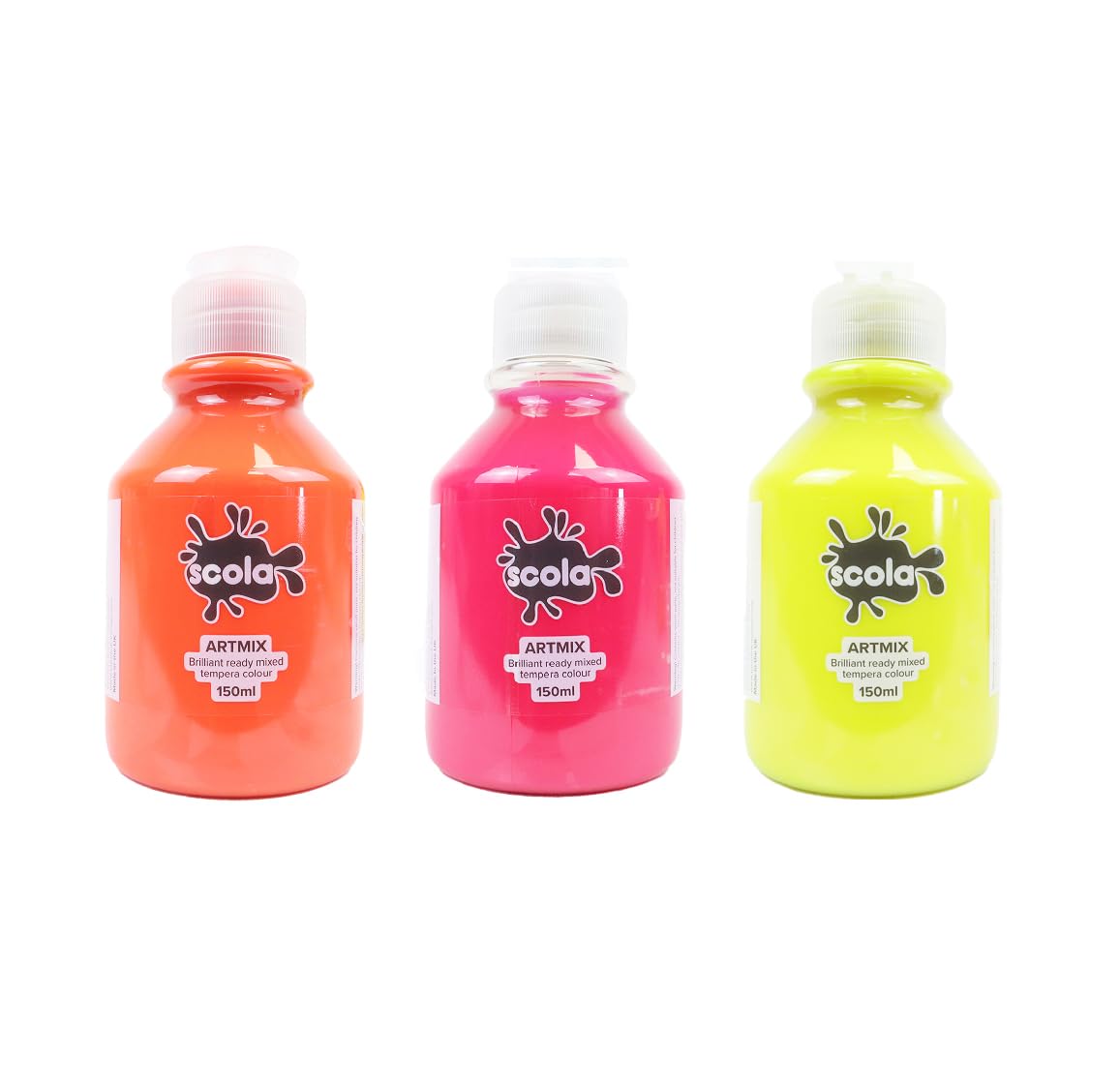 Scola Readymix Water Based Tempera Paint, 3 Assorted Neon Colours, 150ml Bottles, Non-Toxic Poster Paints, Craft Projects, Suitable for 3+