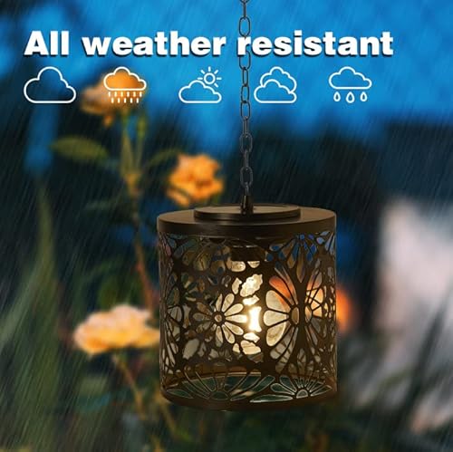 Outdoor Solar Hanging Lantern-Waterproof Porch Gazebo Patio Hanging Pendant Light Chandelier Lighting Decorative Hollow-Out Metal Lantern Auto On/Off Warm White Bulb #TOP3