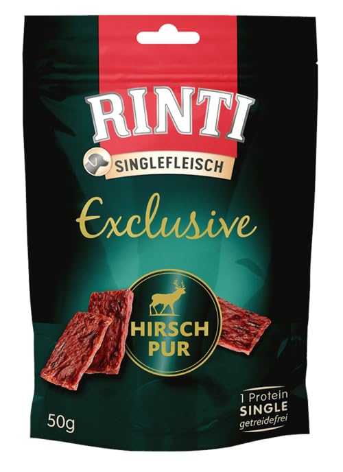 RINTI Singlefleisch Exclusive Snack Hirsch Pur | 4er Pack | 4 x 50 g | Ergänzungsfuttermittel für ausgewachsene Hunde | Ausschließlich Hirsch für empfindliche Hunde bei Allergien