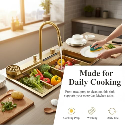 Image of Wallace 304 Grade Gold Single Bowl Multifunction Kitchen Sink 30 x 18 x 10 Inch | Stainless Steel Workstation Sink with Integrated Waterfall Cup Washer Drain Basket RO Tap & Pull Down Faucet