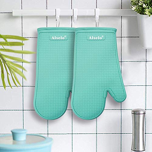 Alselo Oven Mitts Heat Resistant Silicone Kitchen Gloves For 550 Degrees With Waterproof And Non-Silp, Set Of 2 Oven Gloves For Baking Cooking Barbecue Microwave Machine Washable (Blue, 2) #TOP7