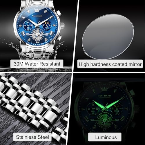 Image of OLEVS Men Watches Stainless Steel Chronograph Watch, Large Wrist Analog Quartz Watch, Fashion Waterproof Diamond Roman Numerals Dress Watches for Men, Gold /Black /White /Blue /Grey Dial