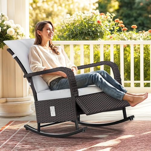 Image of YITAHOME Outdoor Rocking Chair, Wicker Lounge Chair with Adjustment Backrest, PE Rattan Patio Recliner with Adjustable Footrest and Soft Cushions, Ideal for Garden Backyard Porch Patio