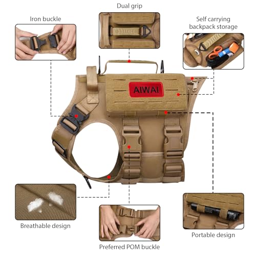 AIWAI Tactical Hundegeschirr mit Griff für große Hunde, 2X Metallschnalle, Hund MOLLE Weste mit Taschen, Kein Zug Verstellbare Easy Control Hundeweste Geschirr für Working Training (Khaki, L)