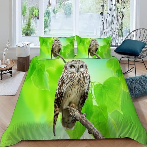 TACOKI Housse de Couette 140x200 Hibou Réversible Parure de Lit Motifs Verts 140x200, Imprimée 3D Microfibre Douce Literie Housse de Couette 1 Personne avec Taies...