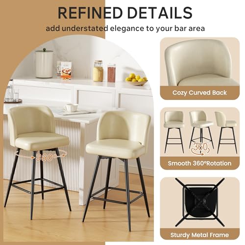 Image of Swivel Bar Stools Set of 4, 26 inch Counter Height Bar Stools with High Back and Metal Legs, Faux Leather Bar Chairs, Modern Barstools for Kitchen Island, Beige