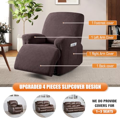 Image of VANSOFY Oversized Recliner Chair Cover, 4-Pieces Stretch Slipcover, Jacquard Pattern Furniture Protector for Dogs Cats (Chocolate)