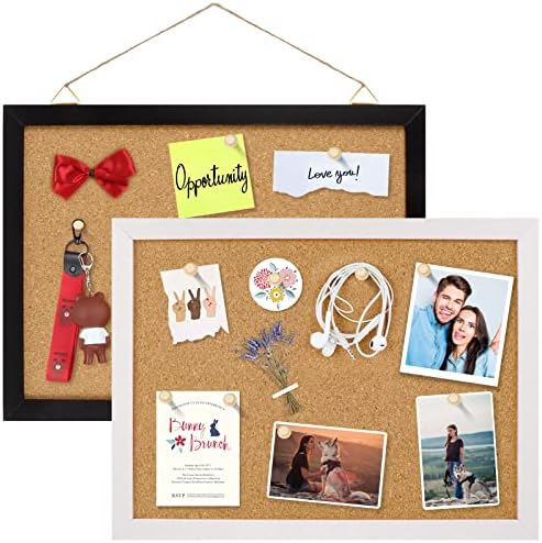 Uquelic 2 Pack Cork Board for Partitions, 16’’x 12’’ Pin Boards, Ornamental Bulletin Board, Hanging Imaginative and prescient Board for College Workplace Residence Room Decor, with 20 Picket Push Pins ( Black and White)