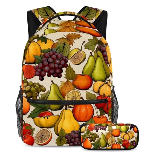 Sac d'école Thanksgiving Fruit multicolore grand format avec trousse pour adolescents