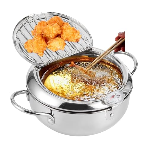Pentola per friggitrice, con termometro, piccola pentola in acciaio inox, coperchio e scolapiatti per patatine fritte, gamberetti, pesce (20 cm)