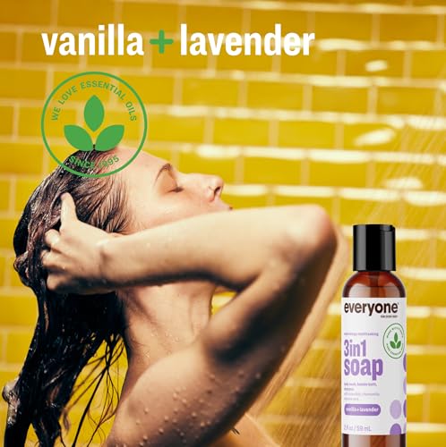 Image of Everyone 3-in-1 Soap Body Wash, Bubble Bath, Shampoo, Travel Size, 2 Ounce (Pack of 12), Vanilla and Lavender, made with Essential Oils for Men and Women | Travel size bulk 12-pack | shampoo + body wash + bubble bath | essential oils | natural | men and women