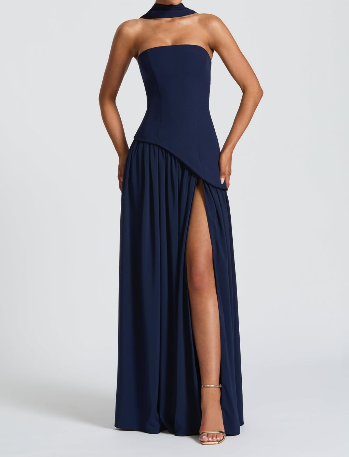 Abito da donna corsetto asimmetrico alto aperto abito lungo matrimonio ospite cocktail party abito con sciarpa
