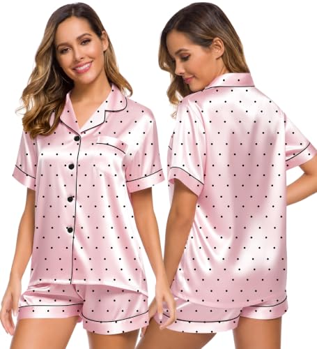 Image of SWOMOG Womens Silk Satin Pajamas Set Short Sleeve Sleepwear Button Down Top and Shorts Loungewear 2 Piece Pjs Set XS-3XL
