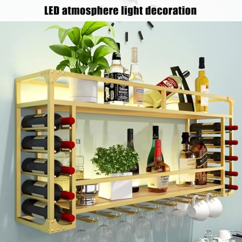 Étagère à vin murale dorée avec porte-verre suspendu LED - 6