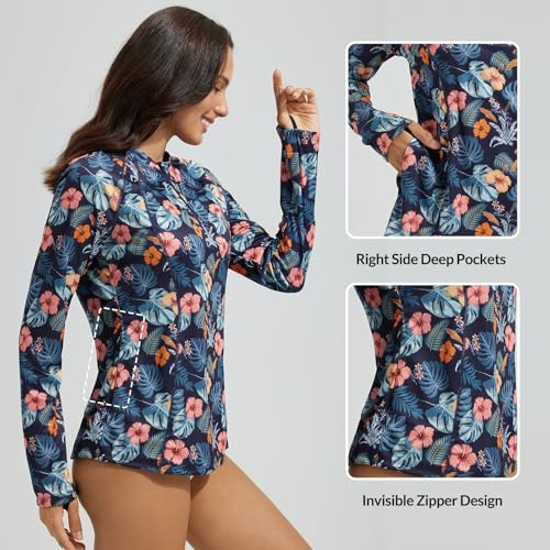 baleaf Women's 1/4 Zip Rash Guard Swim Shirts with Zipper Pocket UPF 50+ Long Sleeve Sun Protection Swimsuit Tops2