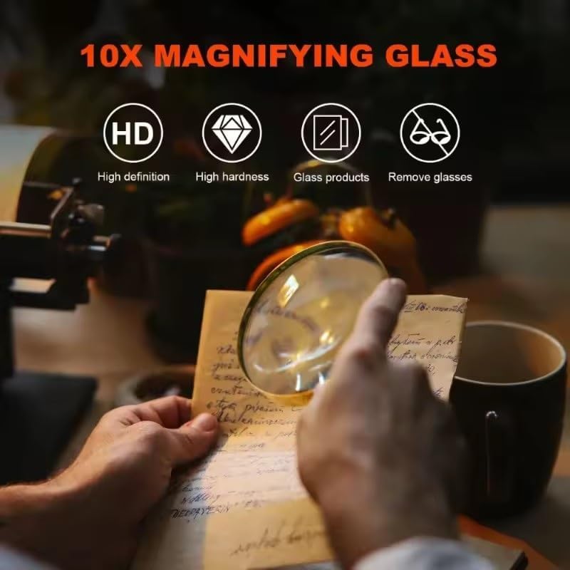 10X Handheld Magnifier with Wooden Handle Magnifying Glass for Learning Reading Fault Finding