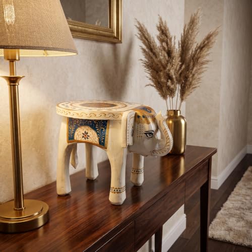 Image of JH Gallery Handmade Wooden Elephant Stool, Hand-Painted Decorative Side Table for Home Decor, Living Room, Bedroom, Balcony & Office Accent Furniture (20 cm, 8 Inch)