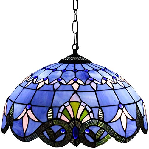 Suspension Tiffany bleu pour îlot de cuisine : luminaire vintage baroque 40cm