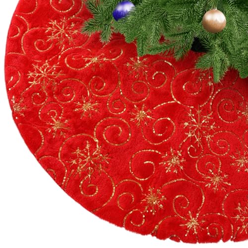KONVINIT Falda de Árbol de Navidad Roja de Peluche Con Lentejuelas de Copos de Nieve - Cubre Pie Para Árbol Navideño - 78cm/90cm/122cm