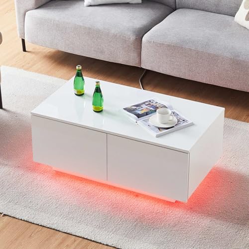 CLIPOP Hochglanz Couchtisch weiß mit LED, Wohnzimmertisch mit 4 Schubladen, einstellbaren Lichtfarben, Mitteltisch mit Stauräume, Moderner Sofatisch, Teetisch für Wohnzimmer, 100x55x40cm – Bild 8