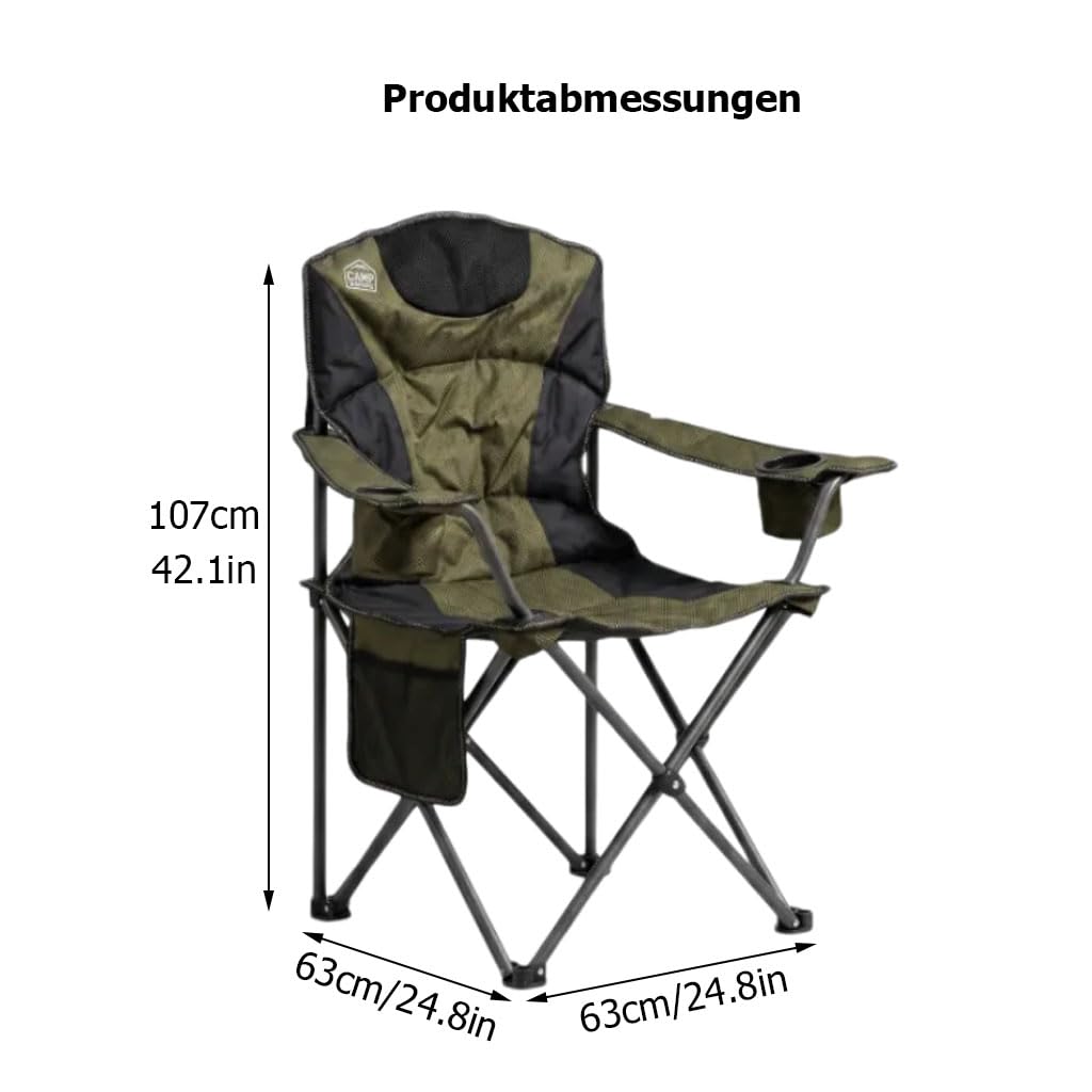 Campingstuhl Faltbar mit Dicker Polsterung, Klappstuhl Camping Stuhl mit Getränkehalter & Seitentasche, Stabiler Fischerstuhl für Garten Picknick Festival, inklusive Tragetasche