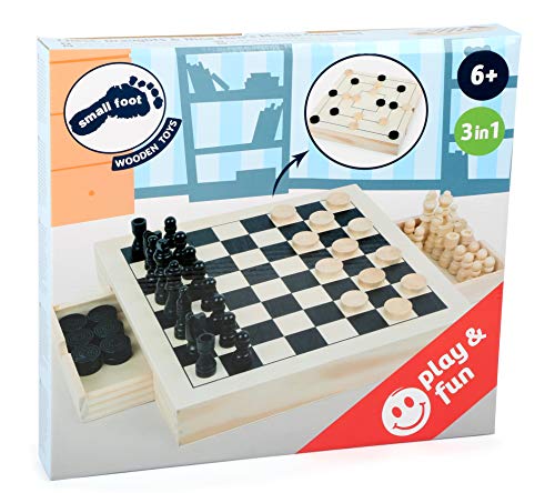 small foot Spiele-Set Schach, Dame & Mühle aus Holz, 3 Spiele-Klassiker im Set, Holzbox zum Mitnehmen, Art.-Nr. 11208