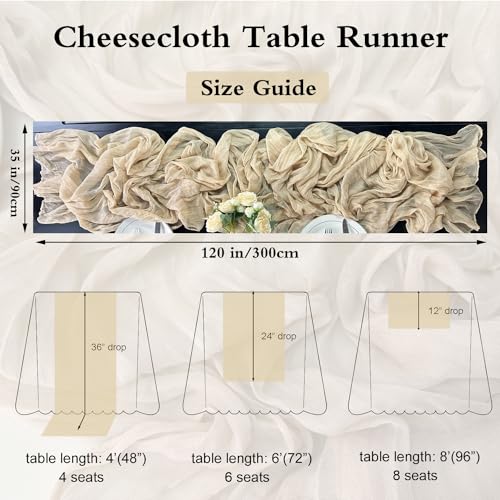 Booque Valley 3 Pack Beige Cheesecloth Table Runner 10ft Super Soft Boho Wrinkled Gauze Sheer Cloth for Baby Shower Baptism Birthday Party Wedding Centerpiece Table Decoration, 35x120 Inch by Booque Valley - Image 3
