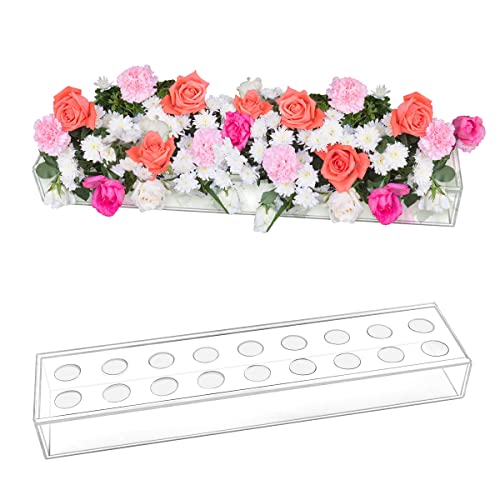 Clear Acrylic Flower Vase Rectangular Floral Centerpiece For Dining Table - 17.7 Inches Long Acrylic Floral Vase (18 Holes), Low Flower Vases For Centerpieces For Home Decor Weddings #TOP15