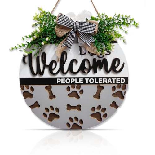 OLMIXA 3D Dogs Welcome Wreath Wooden Sign (12x12inch), People Tolerated With Dog Footprint Bone Front Door Hanger, Pet Decorative Signs for Lover Gift