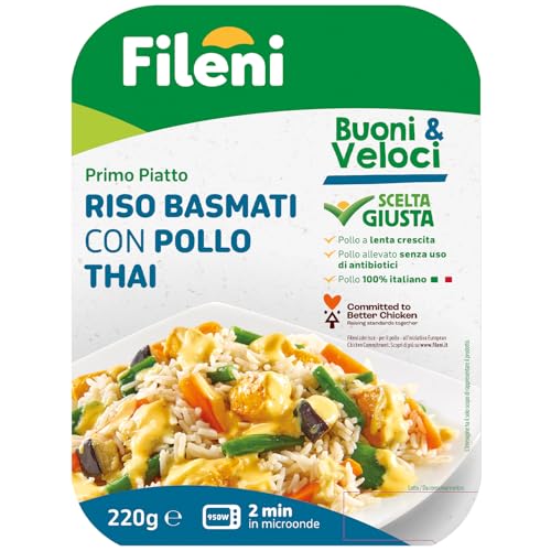 Fileni - Riso Basmati con Pollo Thai 220 g - Ispirato alla tradizione culinaria Thailandese - Monoporzione - Buoni & Veloci - Pollo 100% Italiano - Primo Piatto Saporito e Sostanzioso