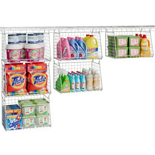 3-Pack Large Hanging Laundry Basket: Wire shelves for Laundry Room Organization with 360°Rotating Hooks Foldable Space Saving Over Washer and Dryer Shelves -Metal Laundry Basket Holder, White Patent