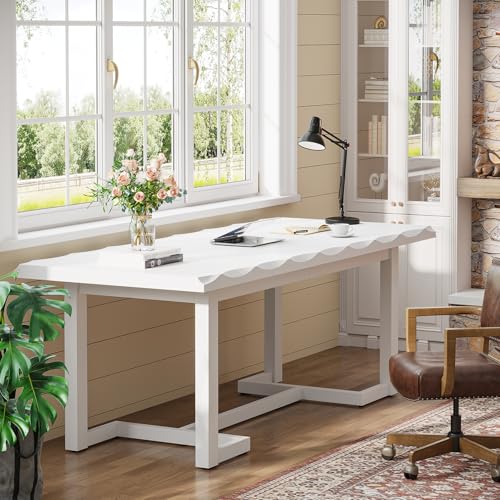 Image of Tribesigns 63 Inches Computer Desk, Rectangular Writing Table with Solid Wood Legs and Thickened Desktop for Work Study, Modern Simple Executive Desk Workstation for Home Office (White)