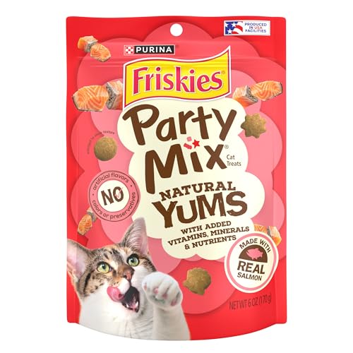 Image of Purina Friskies Natural Cat Treats, Party Mix Natural Yums With Real Salmon and Vitamins, Minerals & Nutrients - (Pack of 6) 6 oz. Pouches