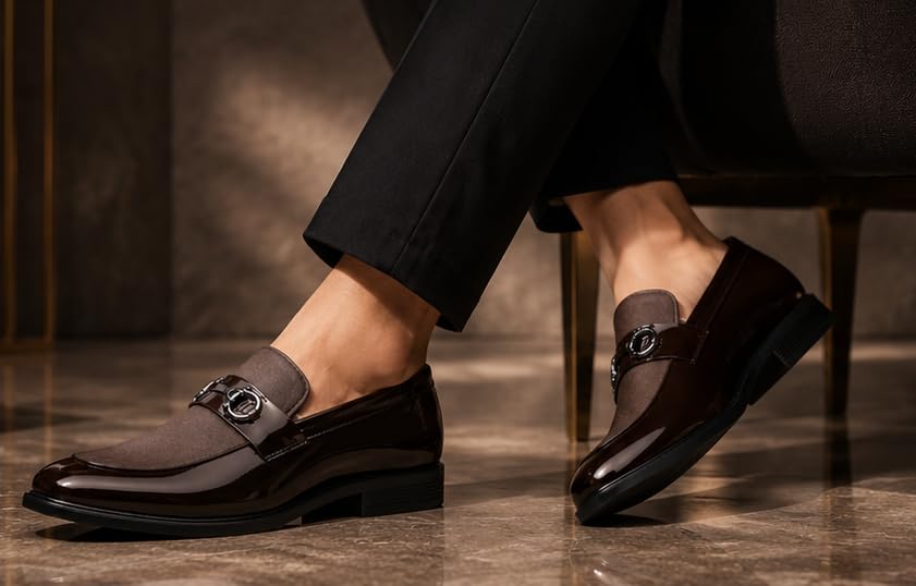 Image of Men's Formal Dual-Texture Loafer, Slip-On Dress Shoe, Patent and Matte Finish, Metallic Bit Detail, for Black-Tie Events and Festive Occasions