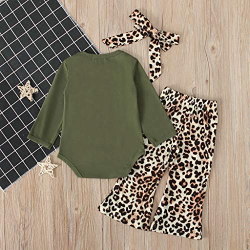 TEVEQ Infant Baby Girl Set Letter Tops Romper Leopard Flared Pants Clothes Set Green