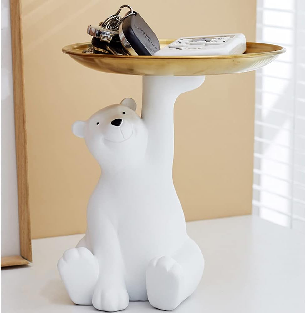 WAYUTO Resin Polar Bear Sculpture with Metal Tray Animal Figurine Ornament Standing Statue Candy Dish Decorative Tray for Keys Home Office Table Desk Decoration Bear