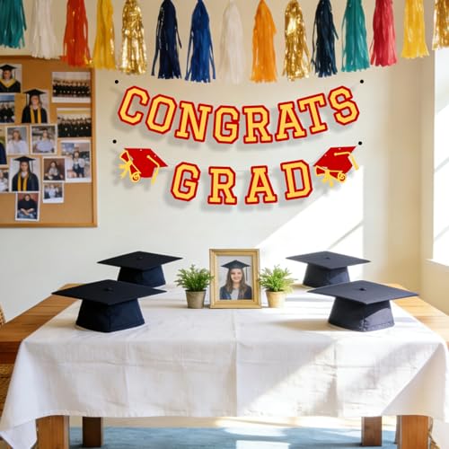 Image of Congrats Grad Banner Graduation Party Banner Decoration Hanging Garland High School College Backdrop Supplies Red Gold