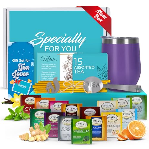 Gift Sets for Tea Lovers Women and Men Tumbler 15 Unique Teas 10 Honey Straws (Mom Card-Purple)