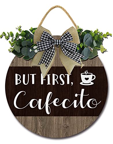 Sokomurg But First Cafecito Coffee Bar Decor Sign Rustic Farmhouse Wooden Round Retro Lover Station Home Office Kitchen Wall 12IN