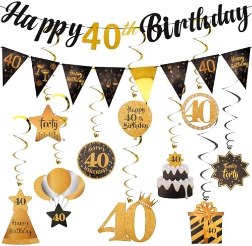 TIHEBAX Black & Gold 40th Birthday Decorations for Women and Men ...