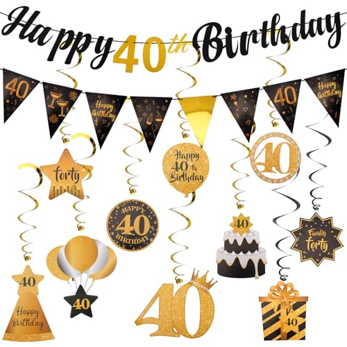 Image of Black & Gold 40th Birthday Decorations for Women and Men - Pre-Strung Happy Birthday Banner With 10PCS Hanging Swirls