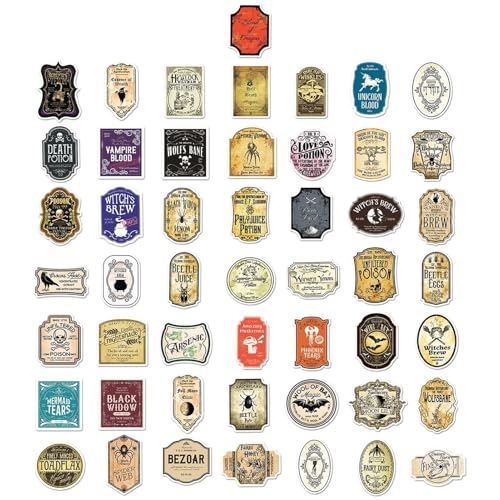 Lot de 50 étiquettes pour bouteilles de potion, autocollants de potion magique, étiquettes d'élite mystiques, imperméables, de bouteilles de sorcière, pharmacie magique