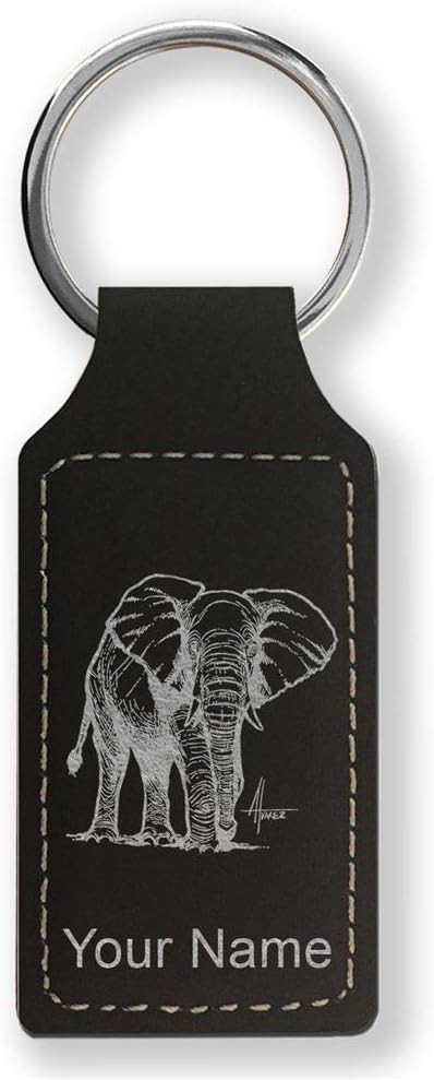 Rectangle Keychain, African Elephant, Personalized Engraving Included