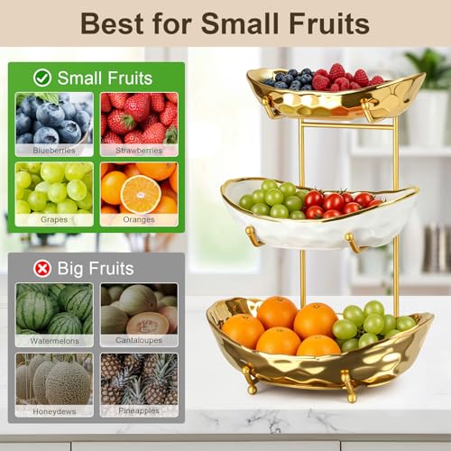 3 Tier Ceramic Fruit Bowl for Kitchen Counter, Tiered Fruit Basket Stand with Gold Metal Rack, Decorative Fruit Holder for Table, No Assembly Serving Bowls for Party Snacks & Housewarming Gift - image 4