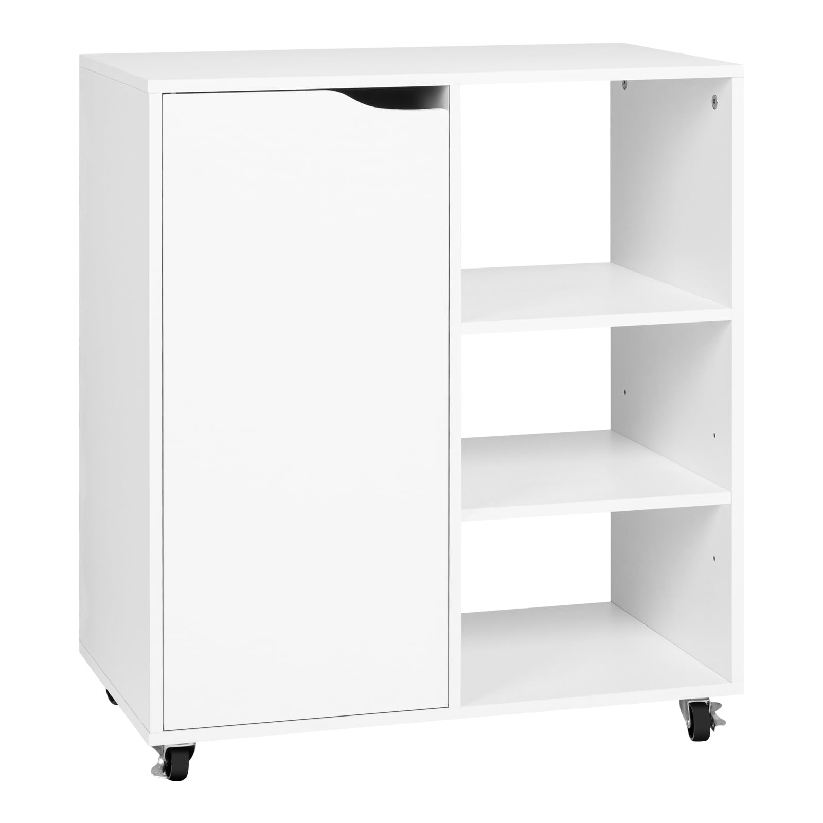 WOLTU Aktenschrank mit Rollen, Druckertisch mit 3 offenen Fächern, 1 Tür, verstellbaren Ablagen, für Zuhause und Büro, 60x70x35 cm, Weiß