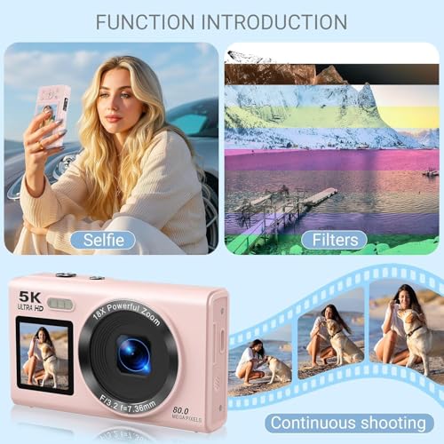 Image of Dual Screen 5K Digital Camera for Vlogging with Fill Light - 80MP, 16X Zoom, WiFi, YouTube /Blogging, Includes 32GB Card & 2 Batteries (CAM21)
