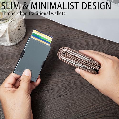Image of Minimalist Mens Card Holder Wallet, RFID Blocking Slim Smart Pop Up Aluminum Wallet,Holds 12+ Cards,Expandable Compact Plate,Cash Strap /Money Clip (Grey)