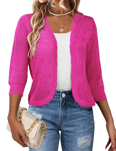 Image of REDHOTYPE Women's 3 /4 Sleeve Cardigan Open Front Cropped Shrugs Summer Hollowed Lightweight Cardigans Sweater (S-XL)