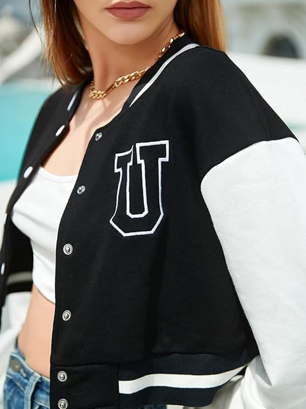 Image of Women's Full Sleeves Varsity Black Crop Jacket